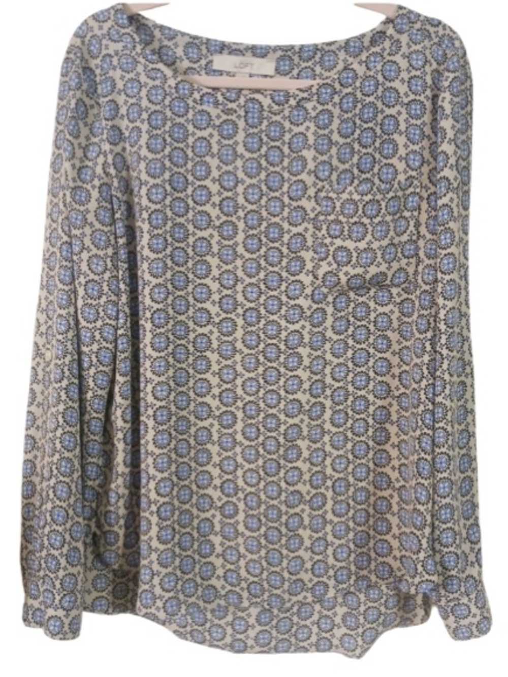 LOFT Long Sleeve Geometric Printed Blouse. Periwinkle & Tan. Size XS.